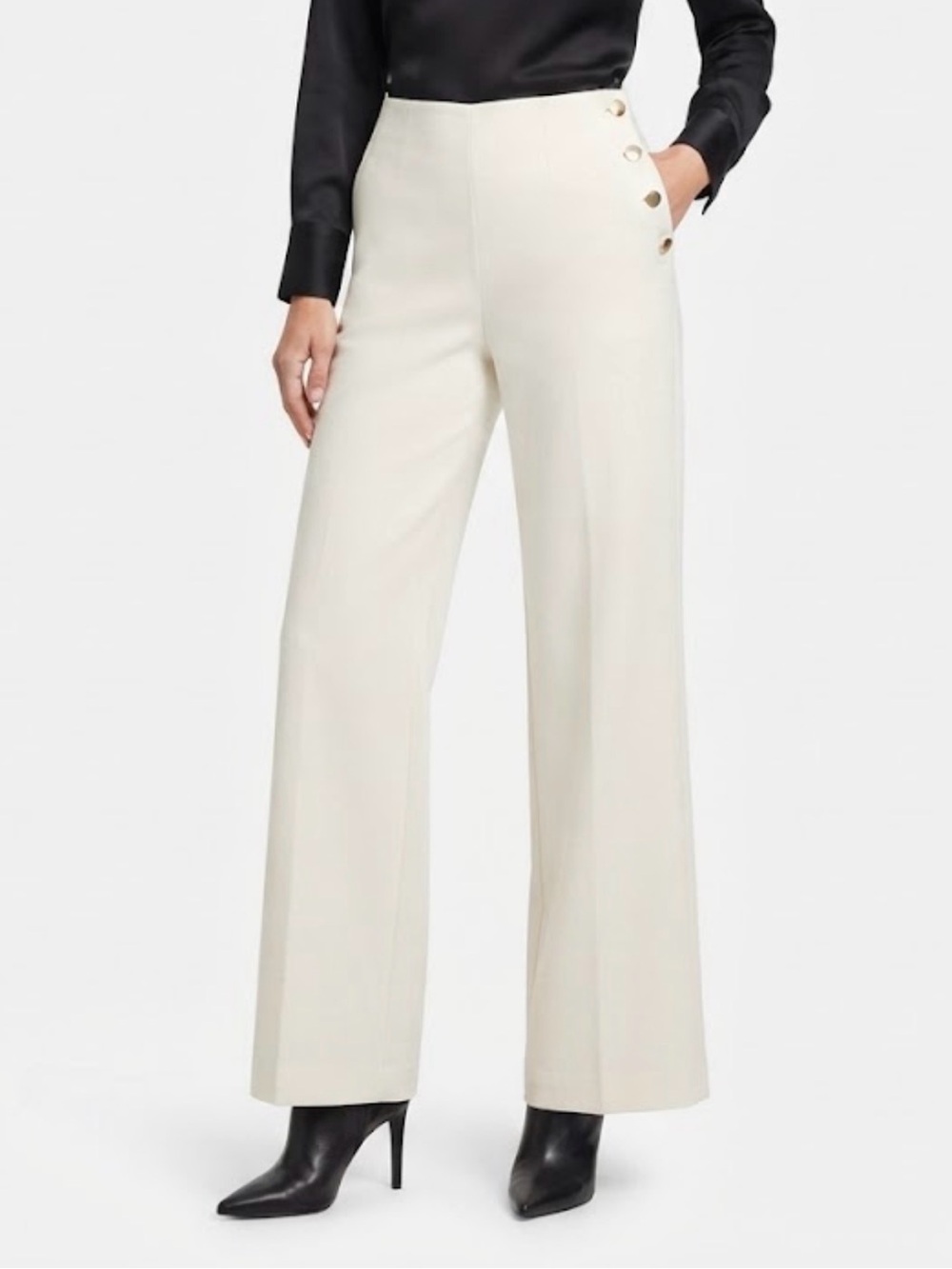 Focus 2000 Cream Wide-Leg High-Rise Pants with Side Buttons